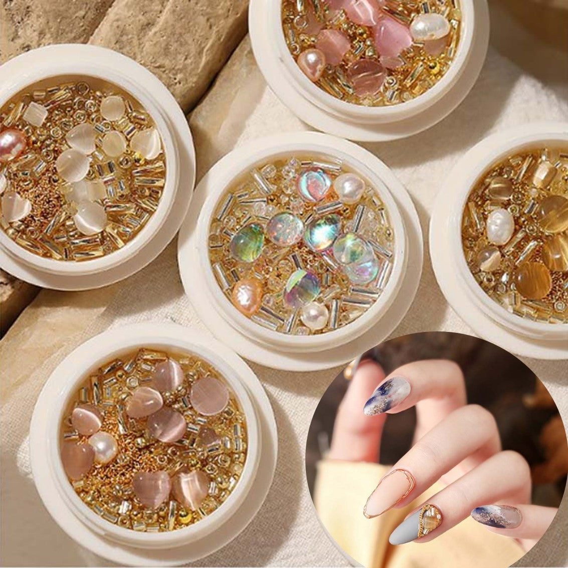 5 Boxes Nail Art Jewelry Opal Chain Crystal Bead Mixed Nail