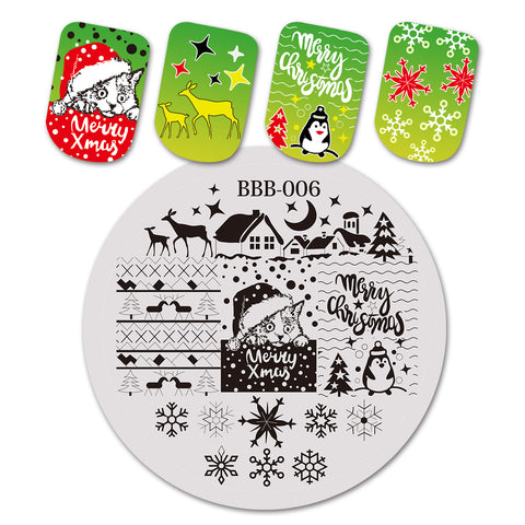 Christmas Tree Peguin Snow Theme Circle Nail Stamping Plate Cat Design Nail Art Tool BBB-006