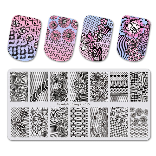 Lace Theme Rectangle Nail Stamping Plate Floral Patterns For Manicure BBBXL-015