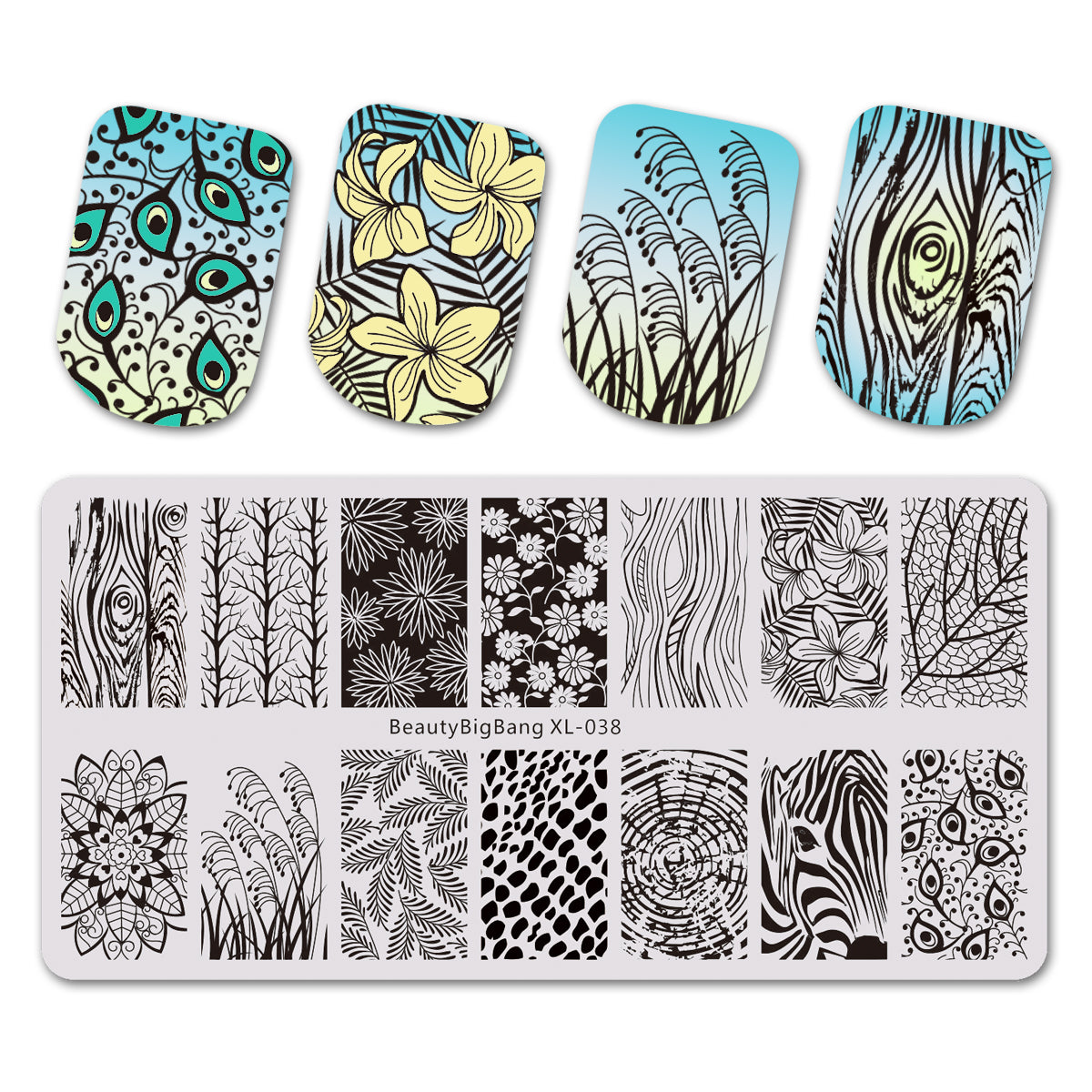 Leaves Flower Theme Rectangle Nail Stamping Plate Peacock Tail