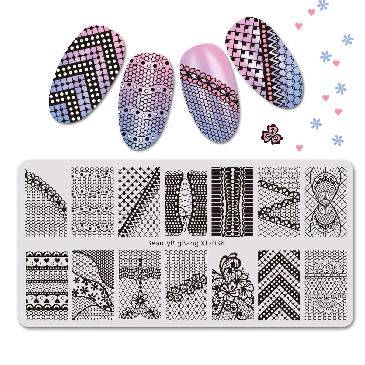 Stripe Flower Theme Rectangle Nail Stamping Plate Love Net Design