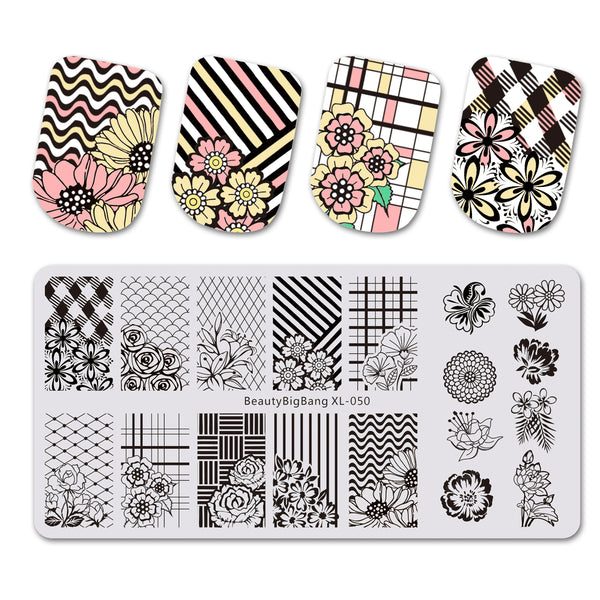 Stripe Flower Theme Rectangle Nail Stamping Plate Rose Design Nail Art Tool BBBXL-050