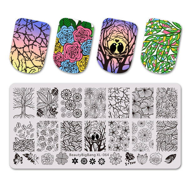 Floral Theme Rectangle Nail Stamping Plate Tree Leaf Design BBBXL-064