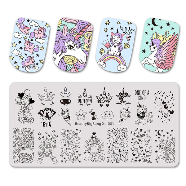 Unicorn Theme Rainbow Design Rectangle Nail Art Stamping Plate BBBXL-081