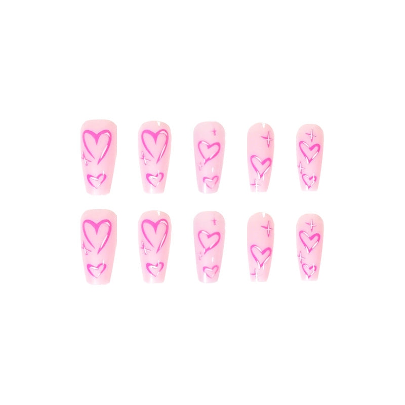 24Pcs Luxury Fake Nails Pink French Designs Rhinestones Heart