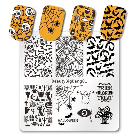 Halloween Bat Nail Art Stamping Plate Spider Cobweb Skull Theme For Manicure