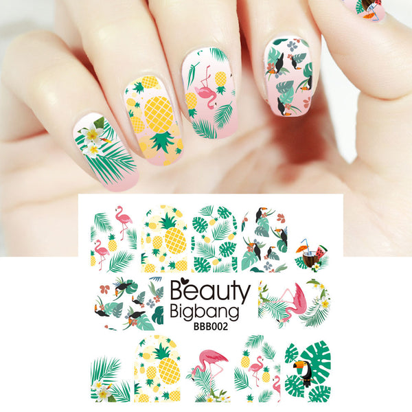Flamingo Pineapple Leaf Design Water Decals Transfer Nail Art Stickers BBB002