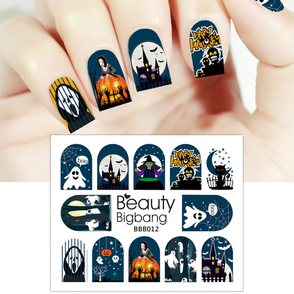 Ghost Witch Haunted House Design Water Decals Transfer Halloween Nail Art Stickers BBB012