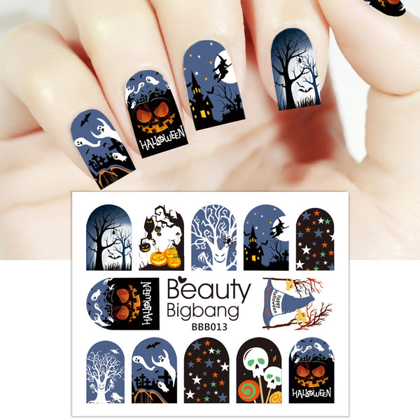 Pumpkin Star Owl Design Water Decals Transfer Halloween Nail Art Stickers BBB013