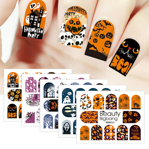 5Pcs Ghost Pumpkin Cat Water Decals Transfer Halloween Theme Nail Art Stickers