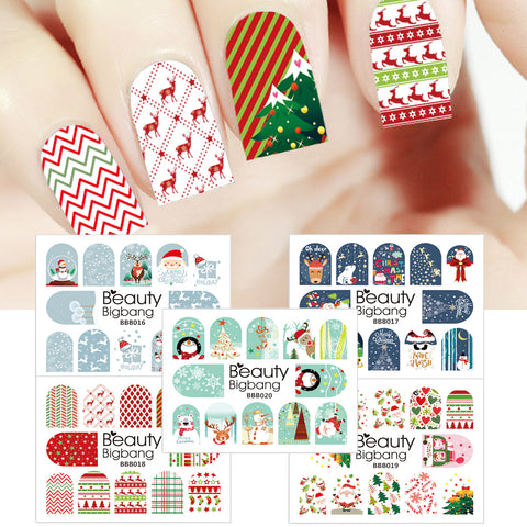 5Pcs Snow Stripe Santa Claus Water Decals Transfer Christmas Theme Nail Art Stickers