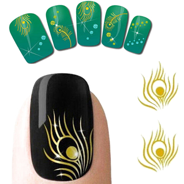 Peacock Feather Gold Plated Nail Art Stickers For Manicure