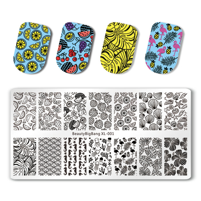 Flamingo Rectangle Nail Stamping Plate Tropical Fruits Leaves