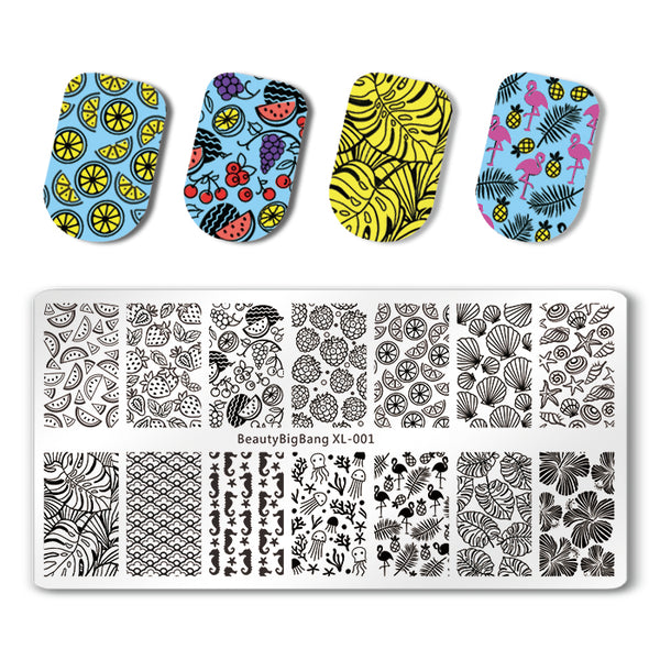 Flamingo Rectangle Nail Stamping Plate Tropical Fruits Leaves Theme Manicure Tool BBBXL-001