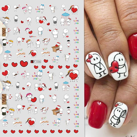 2PCS 3D Valentine's Day Nail Stickers Tiktok Cartoon Lover Girls DIY Design Decals Manicure Nail Art Decor