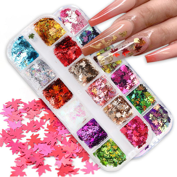 Autumn Nails Glitter Sequins, 12 Colour 3D Holographic Case Glitter for Nails, Maple Leaf Gold Nail Sequins Stickers Nail Decoration Autumn Nails Glitter